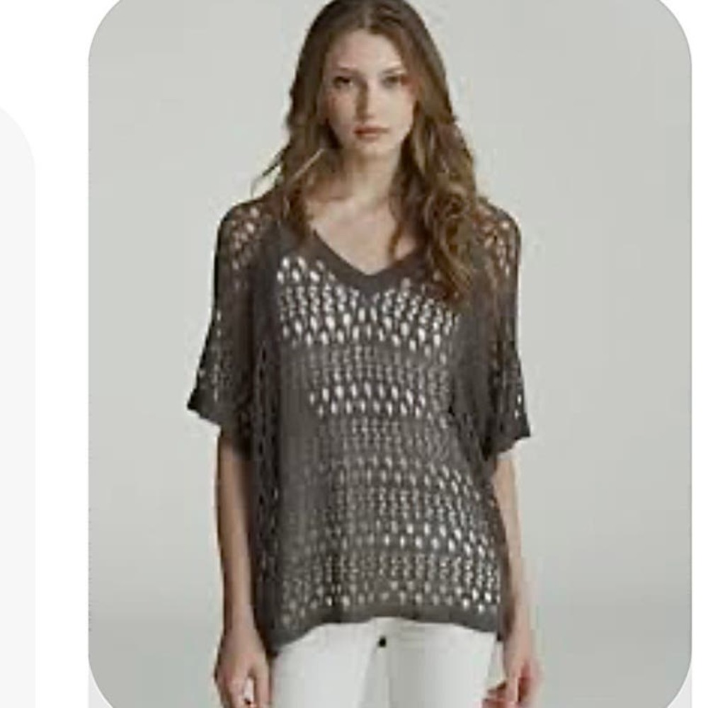 NWOT Velvet by Graham & Spencer Olive Green/Gray V-Neck Sweater, open knit tee